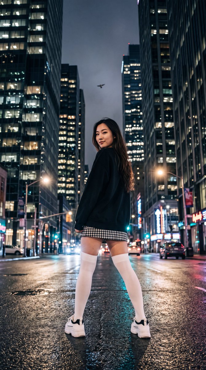 Low-angle shot from below of a young East Asian woman standing in the middle of a wet c...