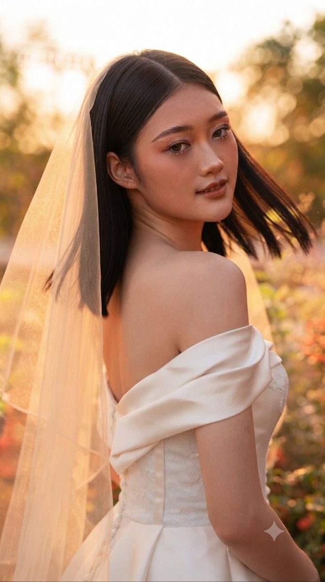 A cinematic bridal portrait series capturing a graceful young woman with straight black...