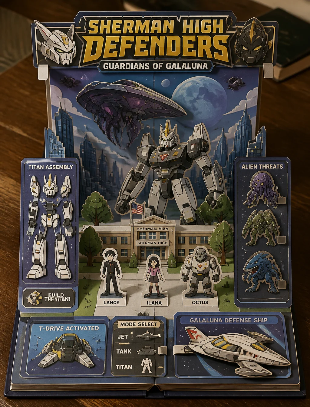 Create a Sym-Bionic Titan-themed 3D pop-up papercraft sto...