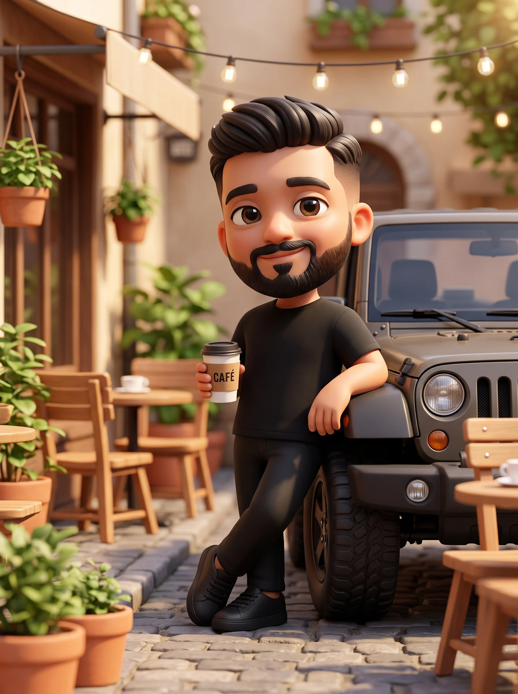 A cute 3D chibi-style character leaning against a parked ...