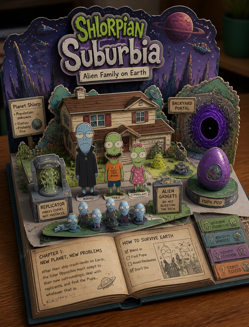 Create a Solar Opposites-themed 3D pop-up papercraft stor...
