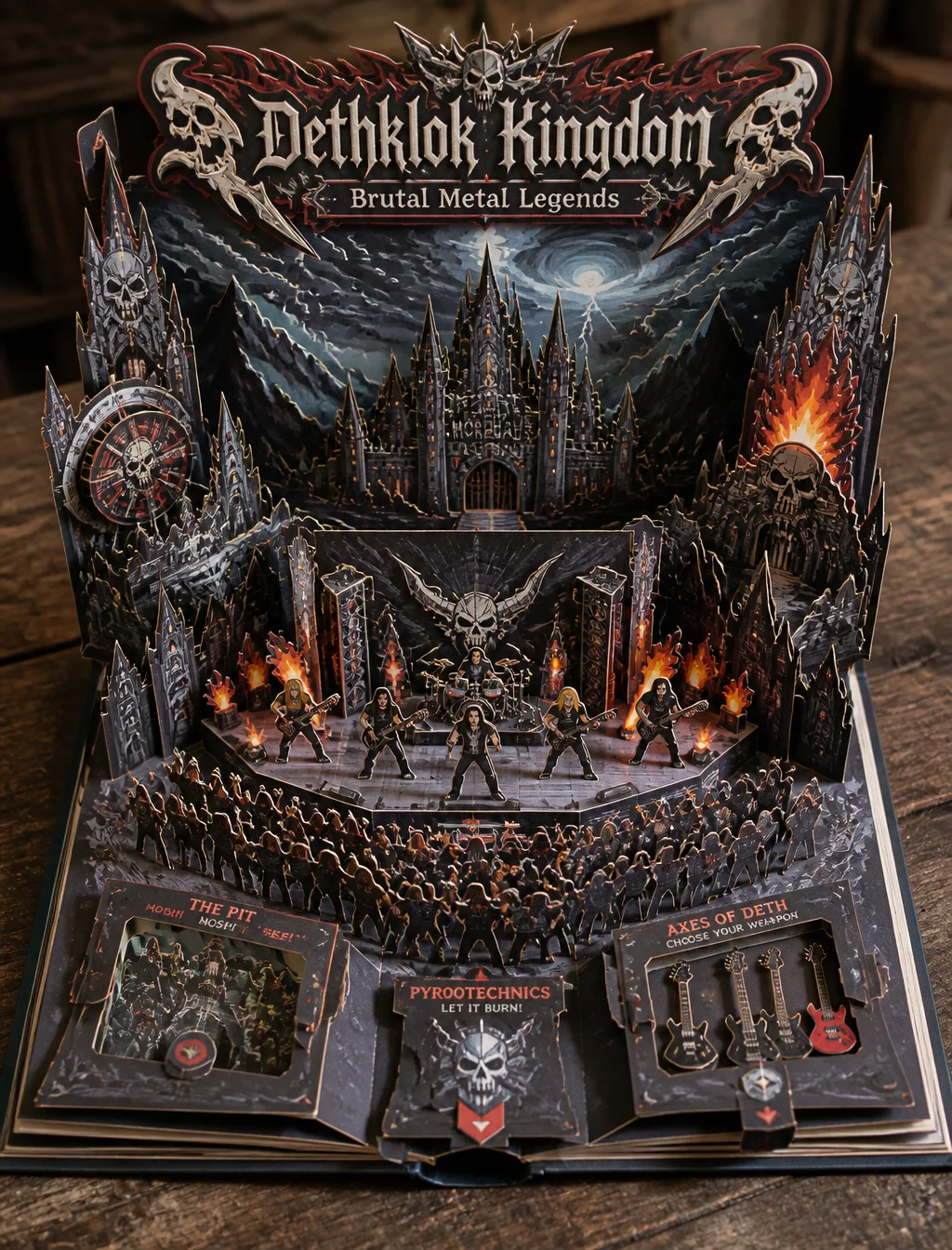 Create a Metalocalypse-themed 3D pop-up papercraft storyb...