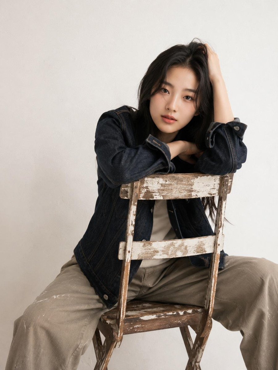 Create a restrained studio fashion portrait with an exact vertical aspect ratio of 736:...