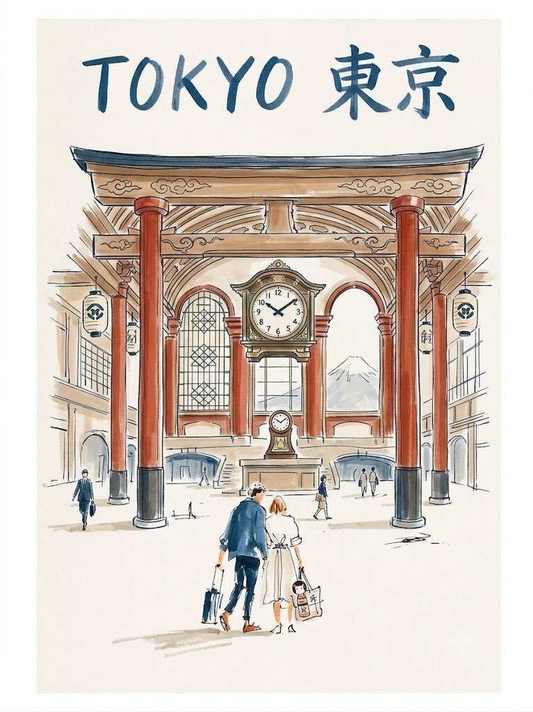 Create a vertical watercolor and ink vintage travel poster on textured paper with "[DES...