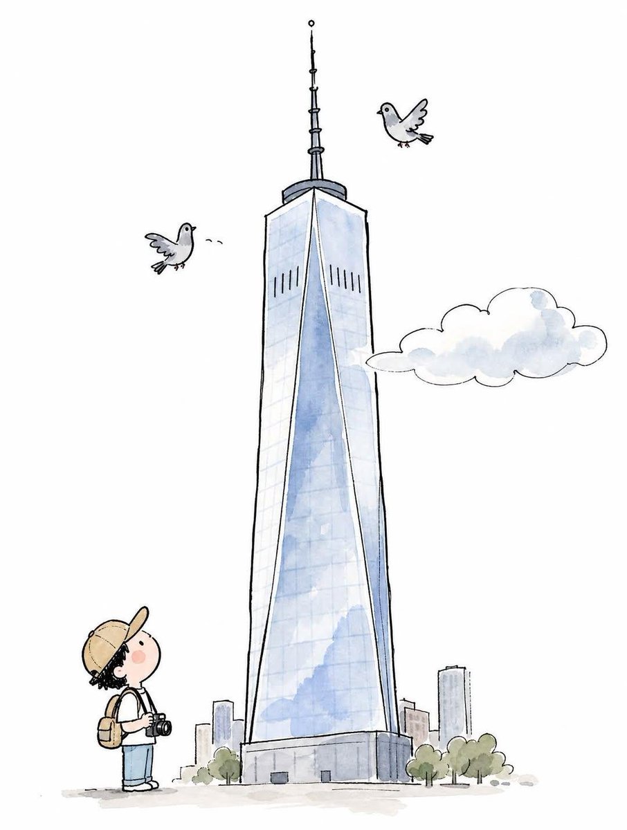 A minimalist hand-drawn doodle illustration of [ICONIC LANDMARK] rising tall and slight...