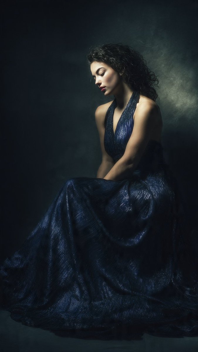 A cinematic, moody portrait of a woman with curly dark hair and red lipstick, wearing a...