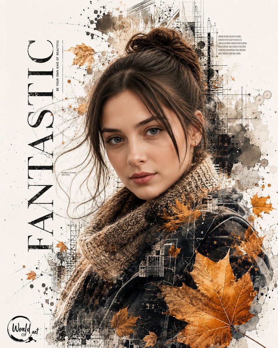 Ultra-realistic artistic portrait of a beautiful young woman with fair skin, soft gray-...