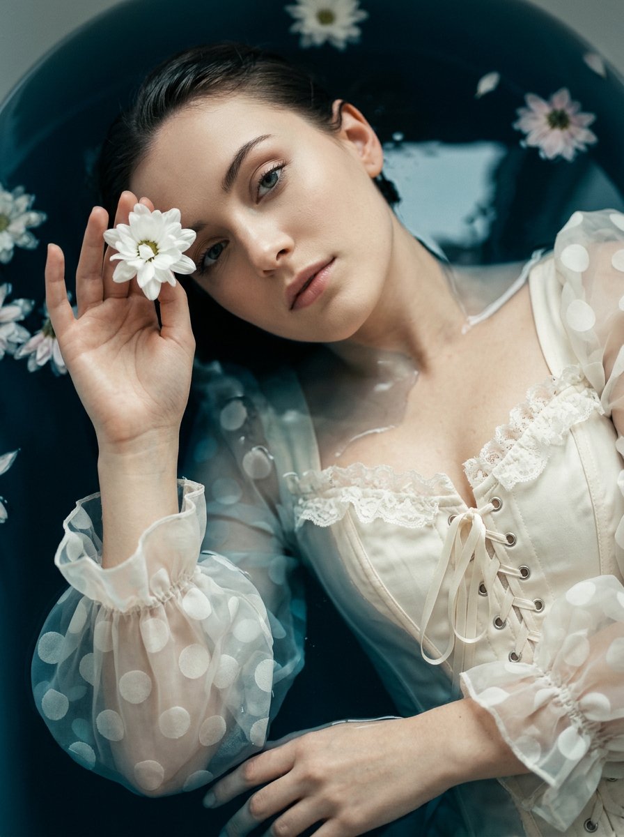 Ophelia Calm in Ink-Blue Water, White Bloom in Hand
