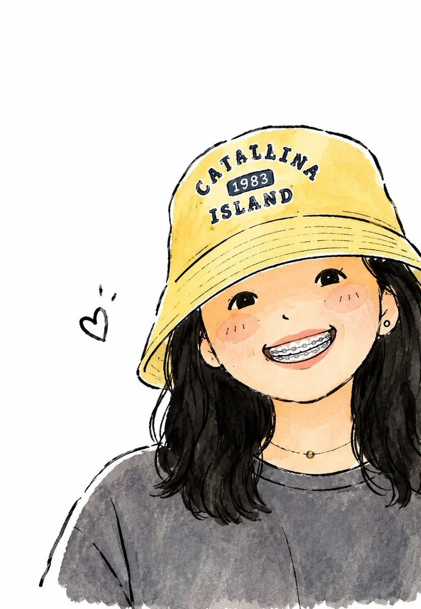 Cute watercolor anime portrait of a smiling young girl wi...