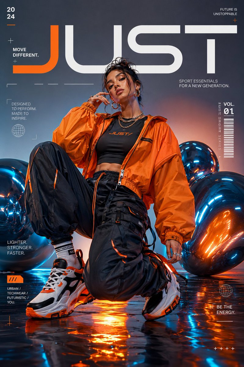 Create a realistic high-fashion sportswear magazine cover featuring a beautiful female...