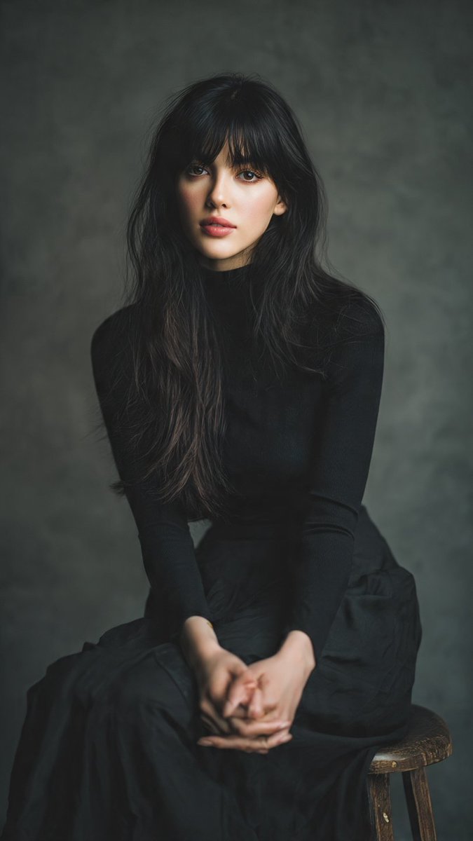 A professional studio portrait of a young woman with long, dark hair styled with bangs,...