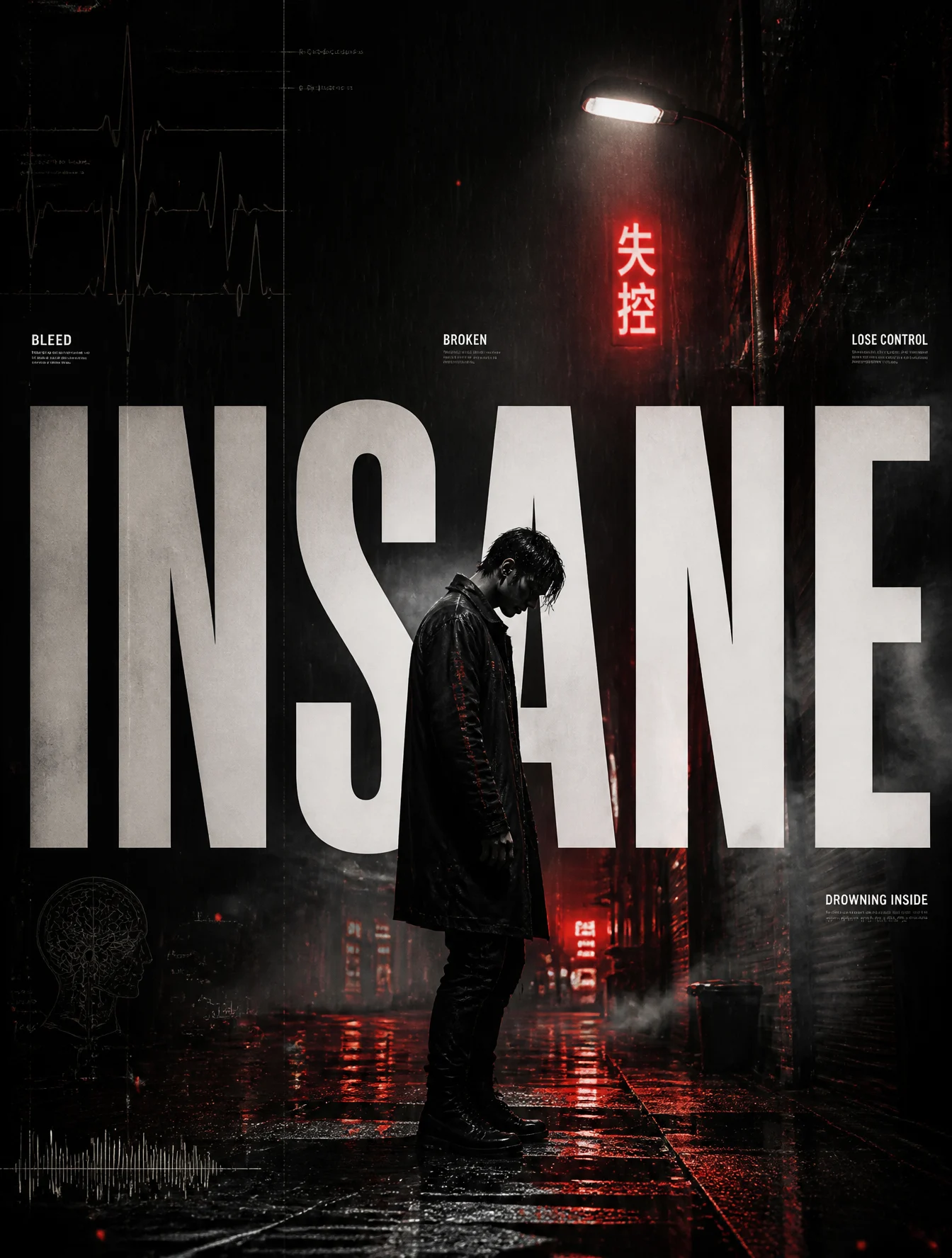A cinematic professional music cover titled "INSANE", fea...