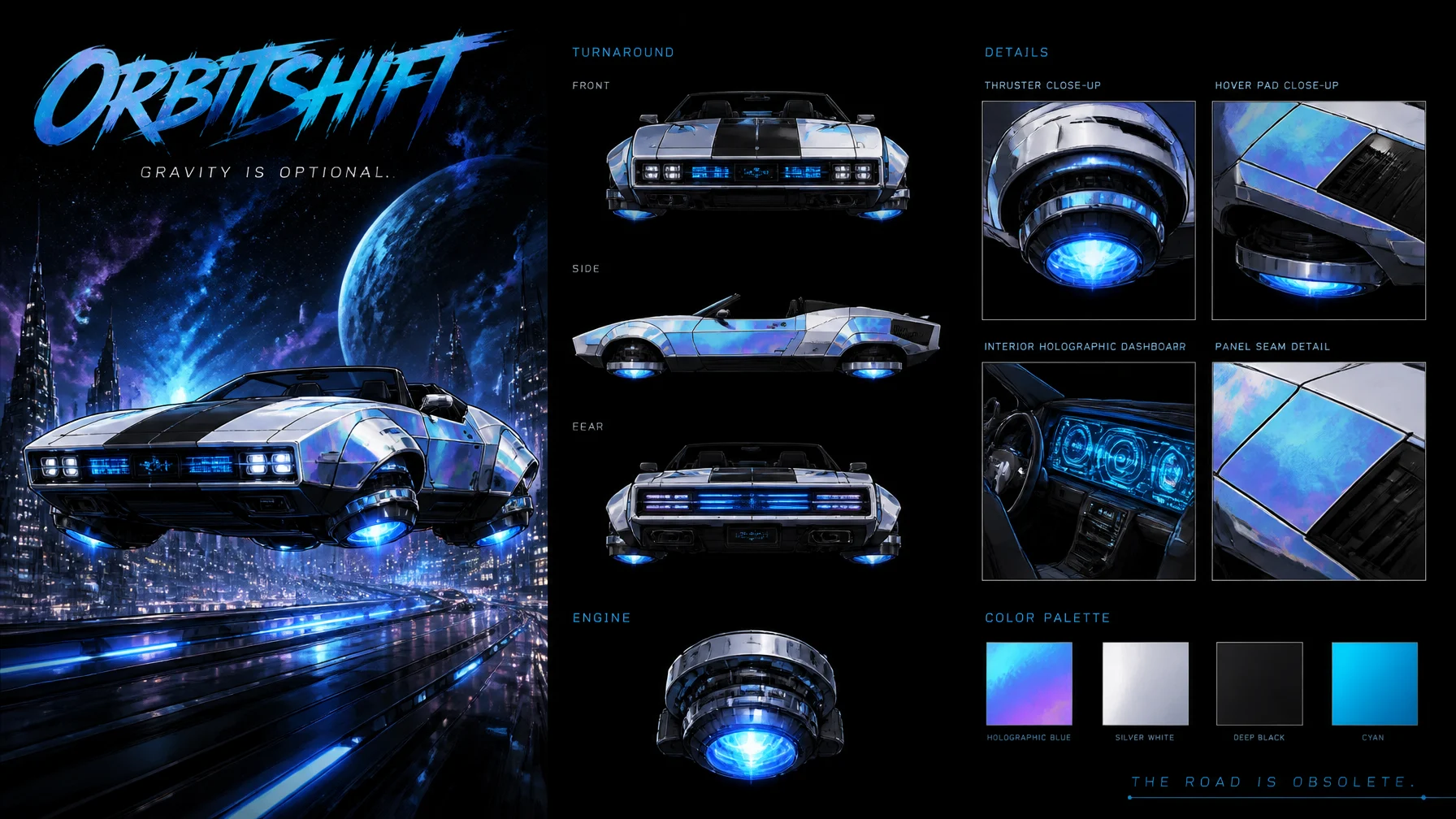 Create a premium cinematic vehicle bible sheet for a hove...