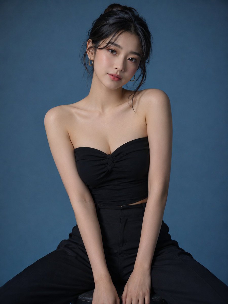 Ultra-realistic studio fashion portrait of a cute and elegant young Korean woman with f...