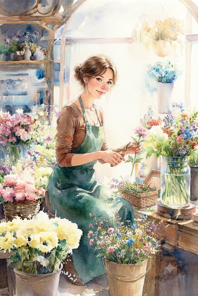 A watercolor painting depicting a young woman with brown hair styled in a bun, wearing...