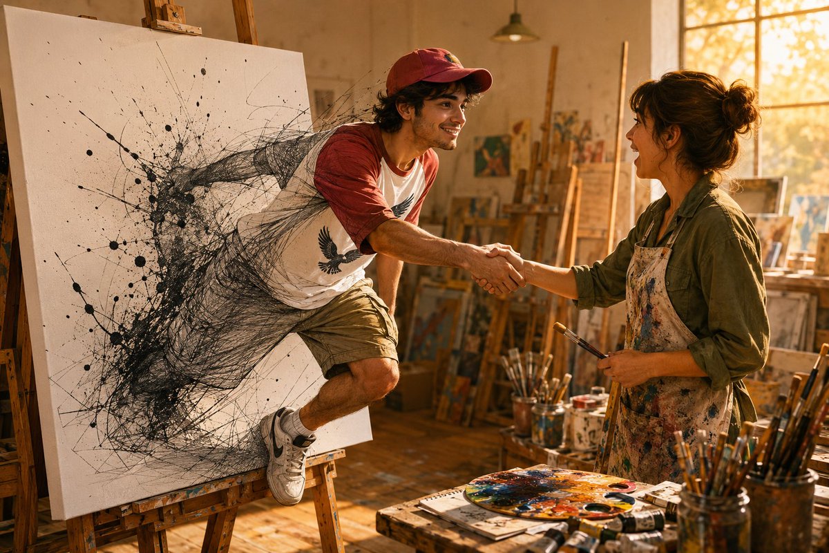 A surreal, wide-angle artwork capturing a dramatic 3D illusion in a warm, brightly lit...