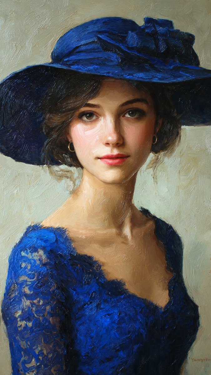 An exquisite oil painting portrait of an elegant woman featuring visible, textured brus...