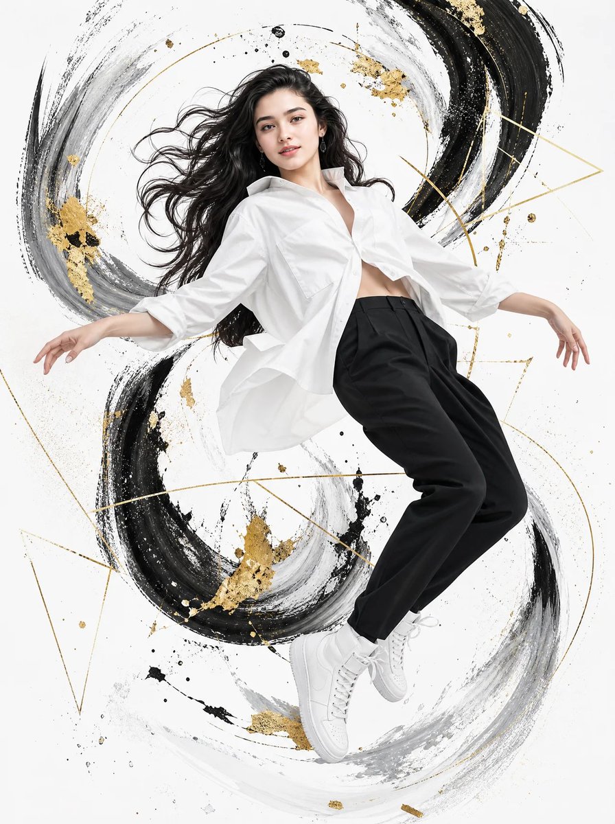 Create a high-fashion editorial fashion poster featuring a young female model captured...