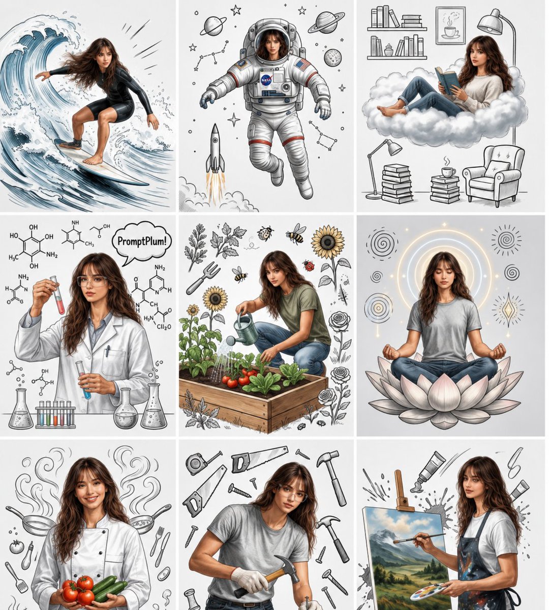 Create a high-quality 3×3 grid collage featuring the same young woman consistently appe...