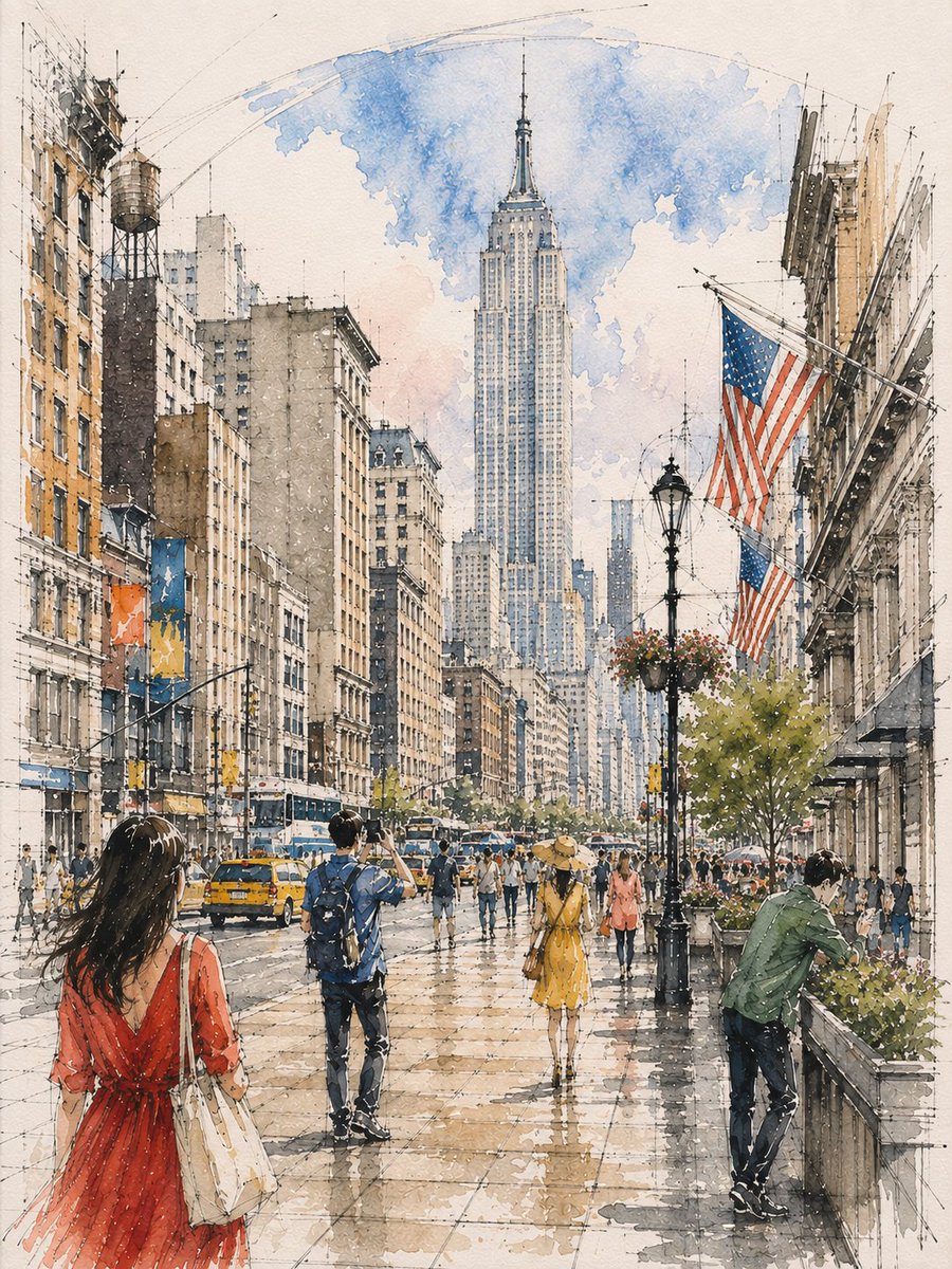 Loose watercolor and pen sketch inside {LOCATION / SUBJECT}, seen from {VIEWPOINT} towa...
