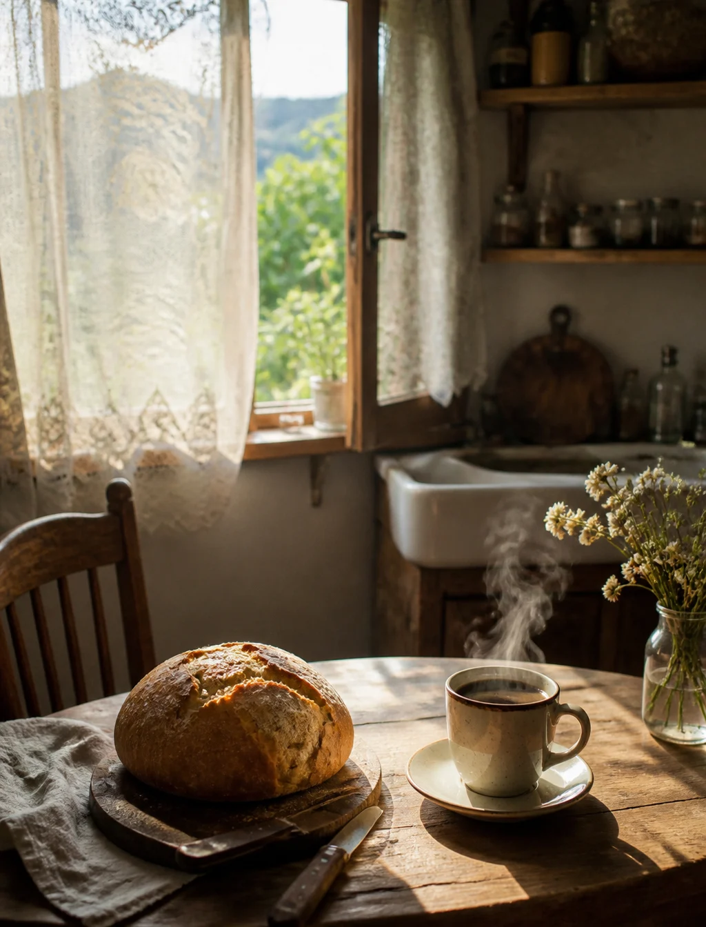 realistic photo, a small rustic kitchen, morning light, l...