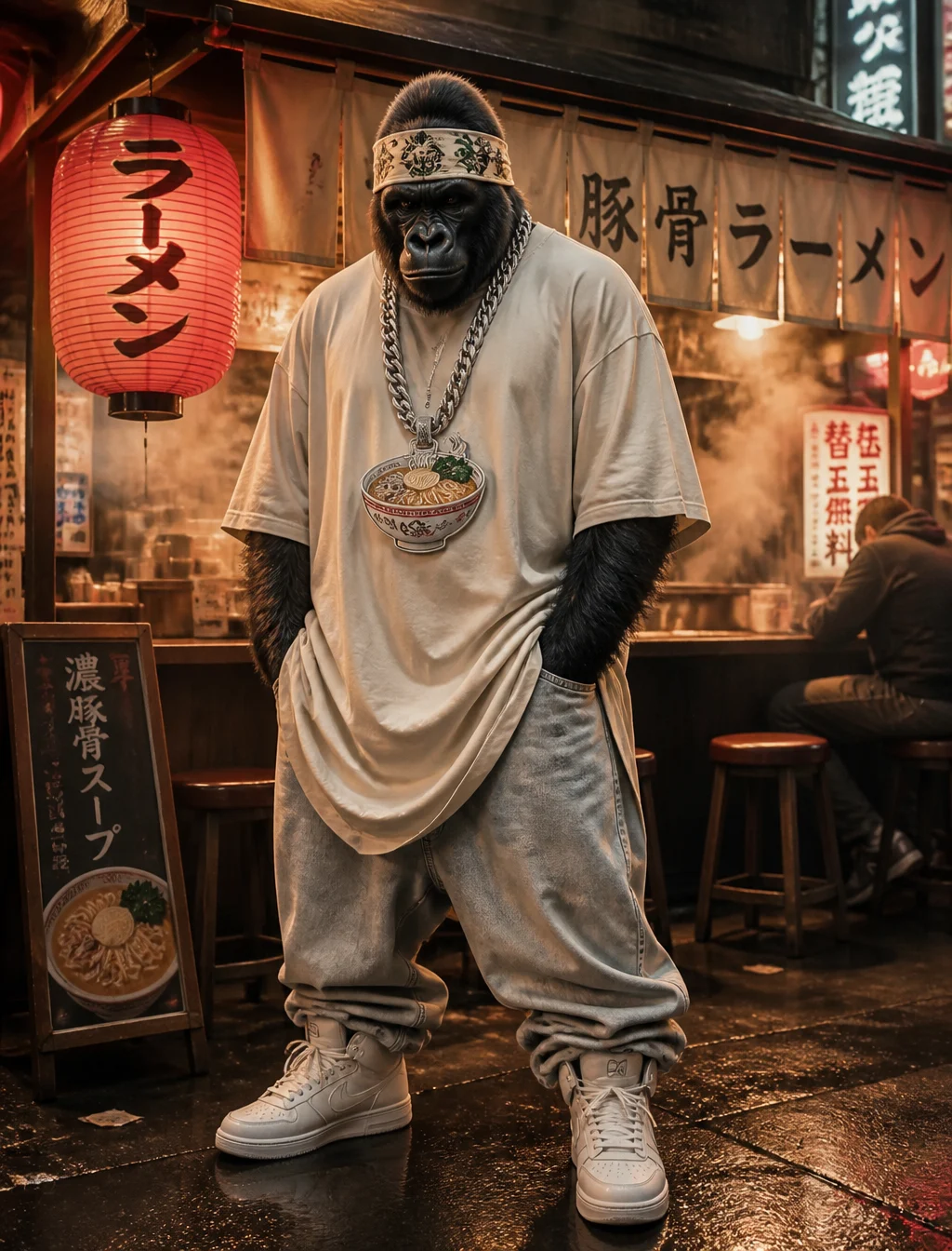 A hyper-realistic anthropomorphic silver back gorilla wea...