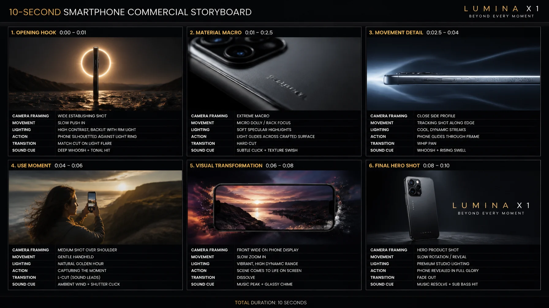 Create a 10-second cinematic product commercial storyboar...