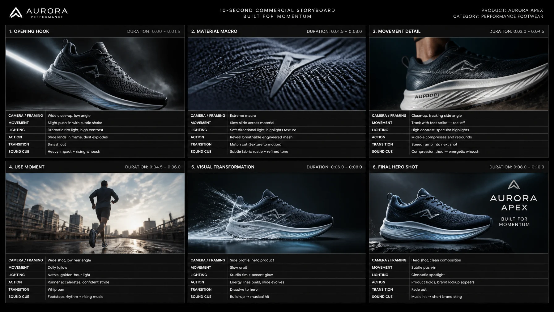 Create a 10-second cinematic product commercial storyboar...