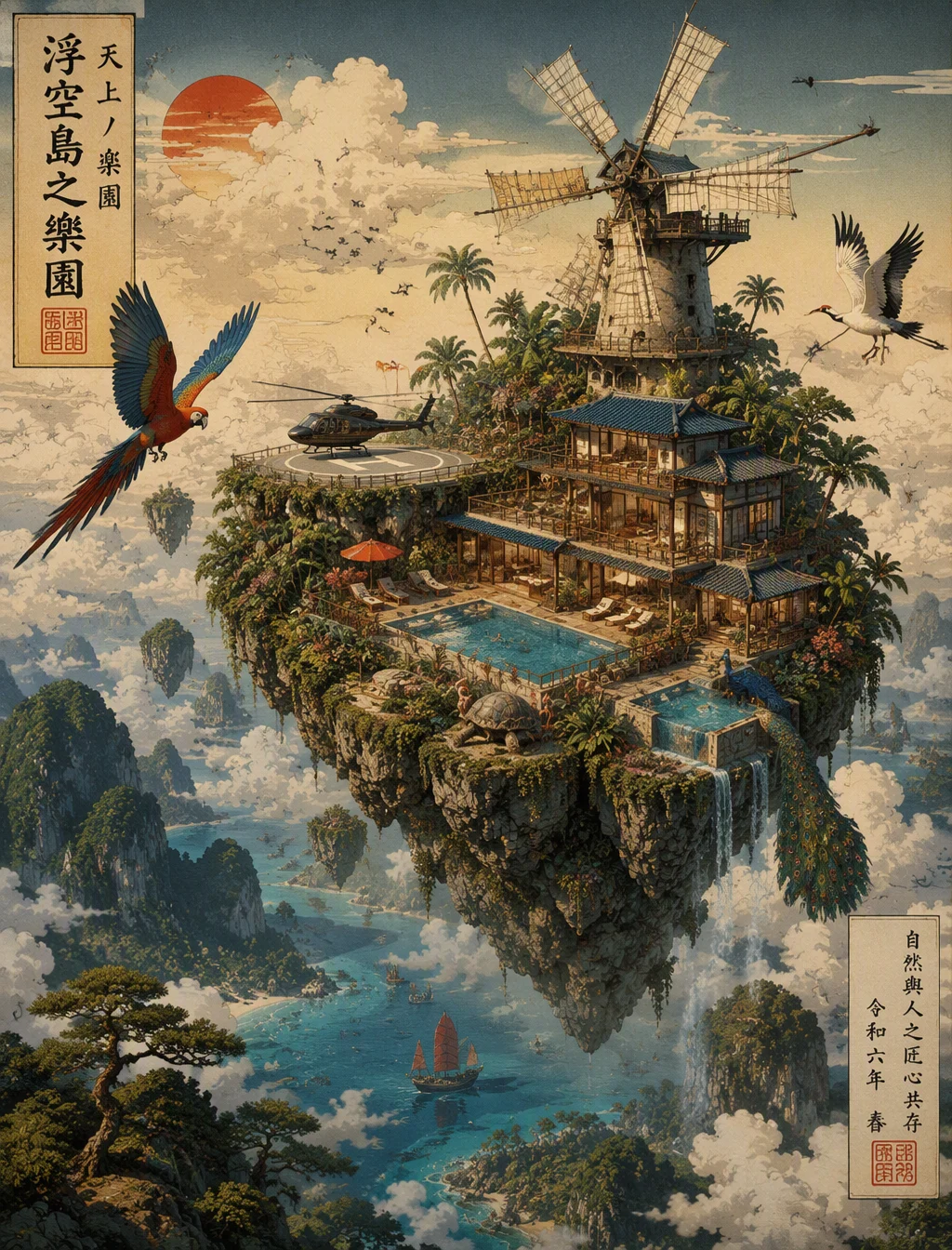 A surreal, Ukiyo-e-inspired 3D render of a floating islan...