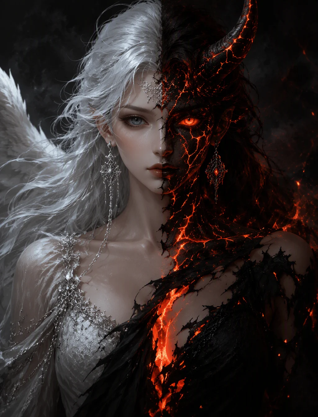 A dramatic digital painting of a split-faced figure embod...