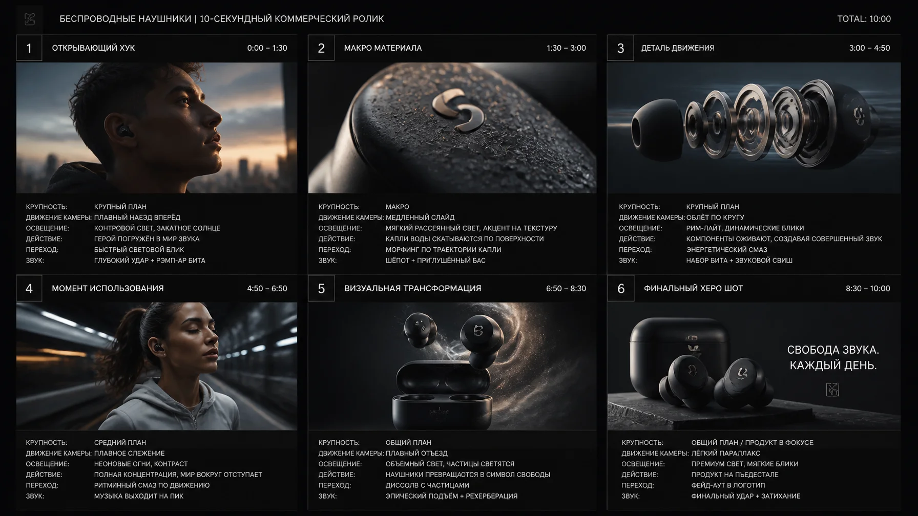 Create a 10-second cinematic product commercial storyboar...