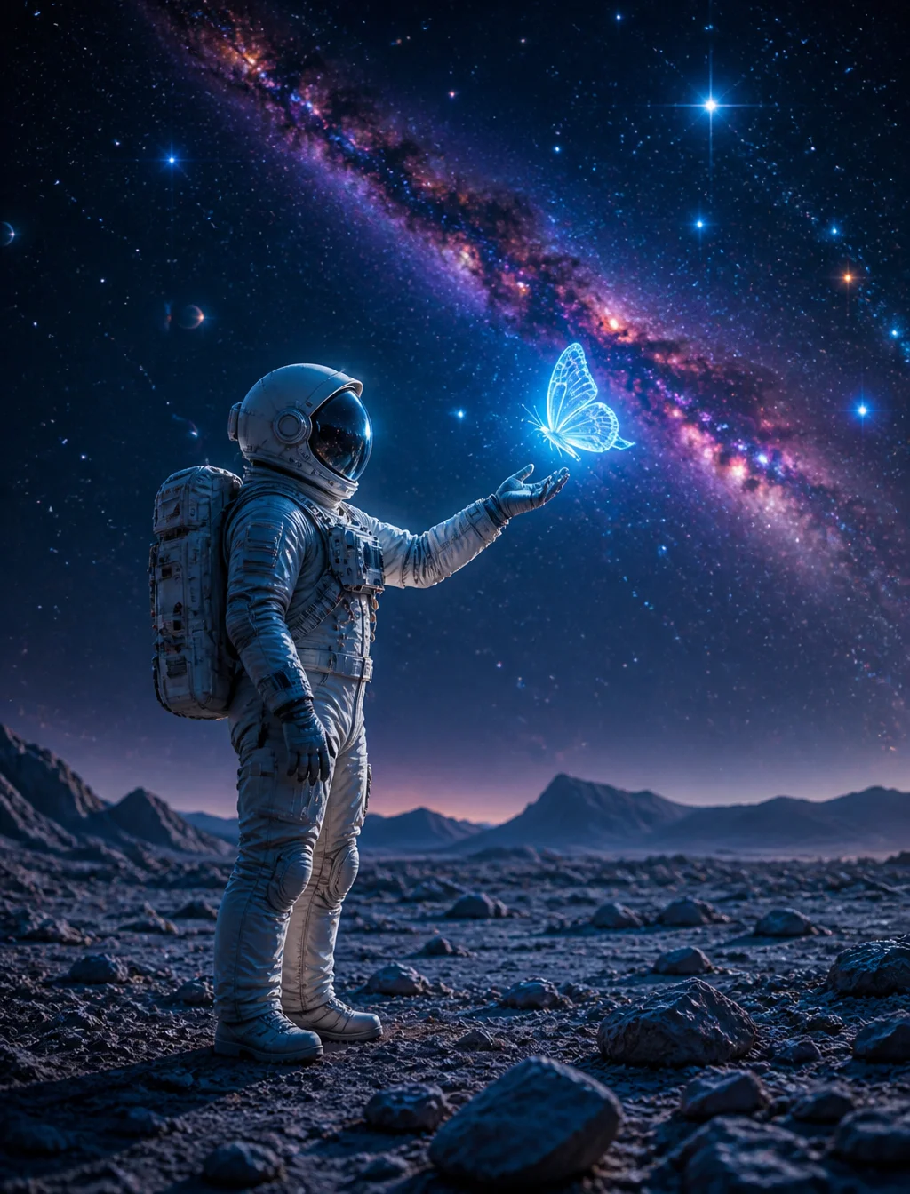 An astronaut standing on the rocky surface of an alien pl...
