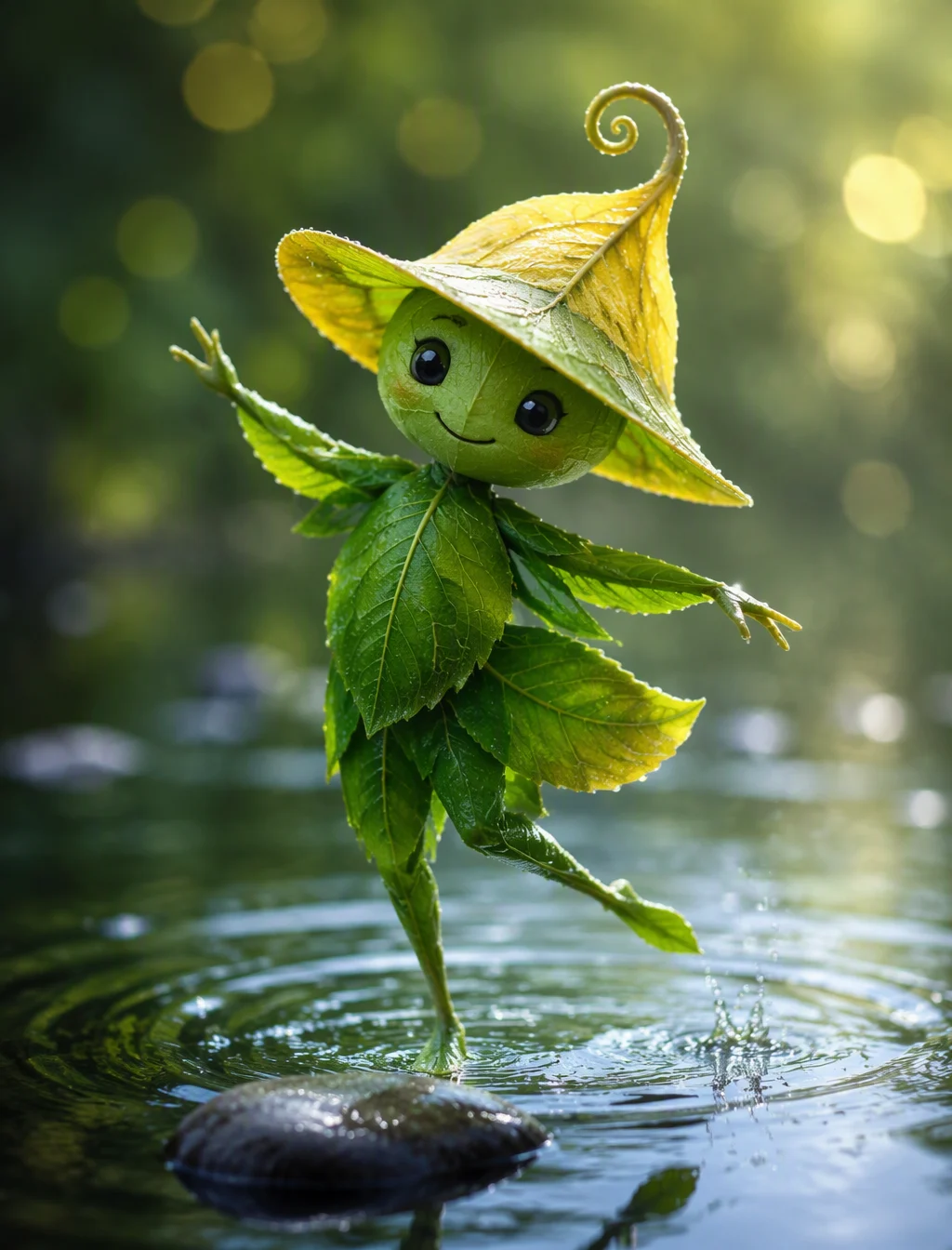 A photograph of a whimsical leaf creature delicately danc...