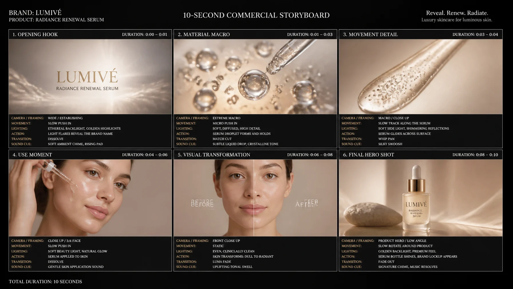 Create a 10-second cinematic product commercial storyboar...