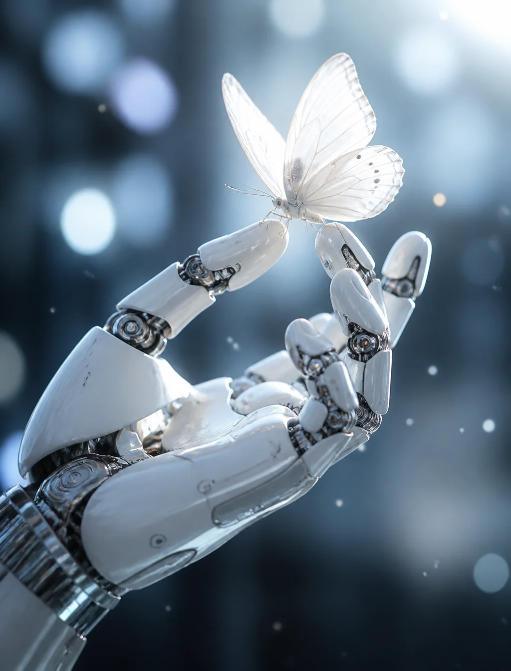 a hyper-realistic white robotic hand with intricate mecha...