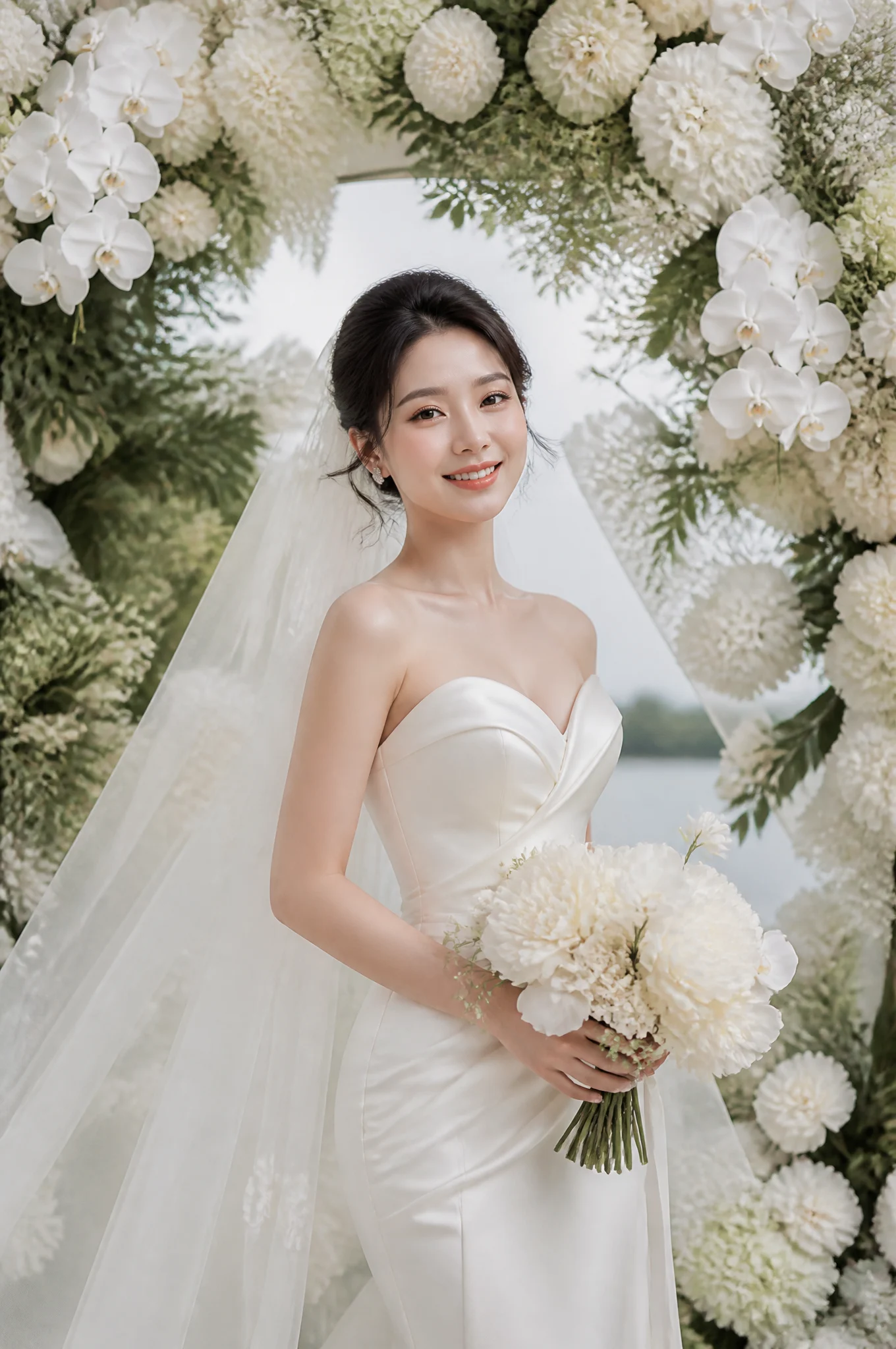 Create a vertical 3:4 mid-length luxury Chinese brides ed...