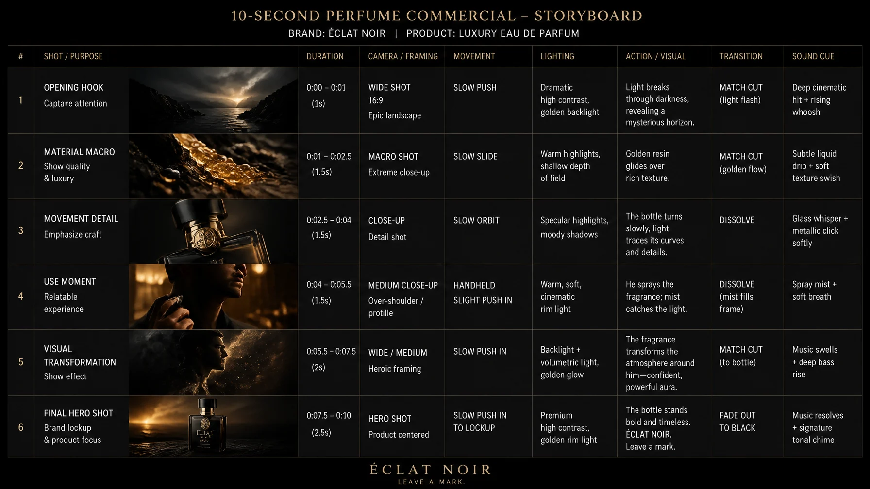 Create a 10-second cinematic product commercial storyboar...