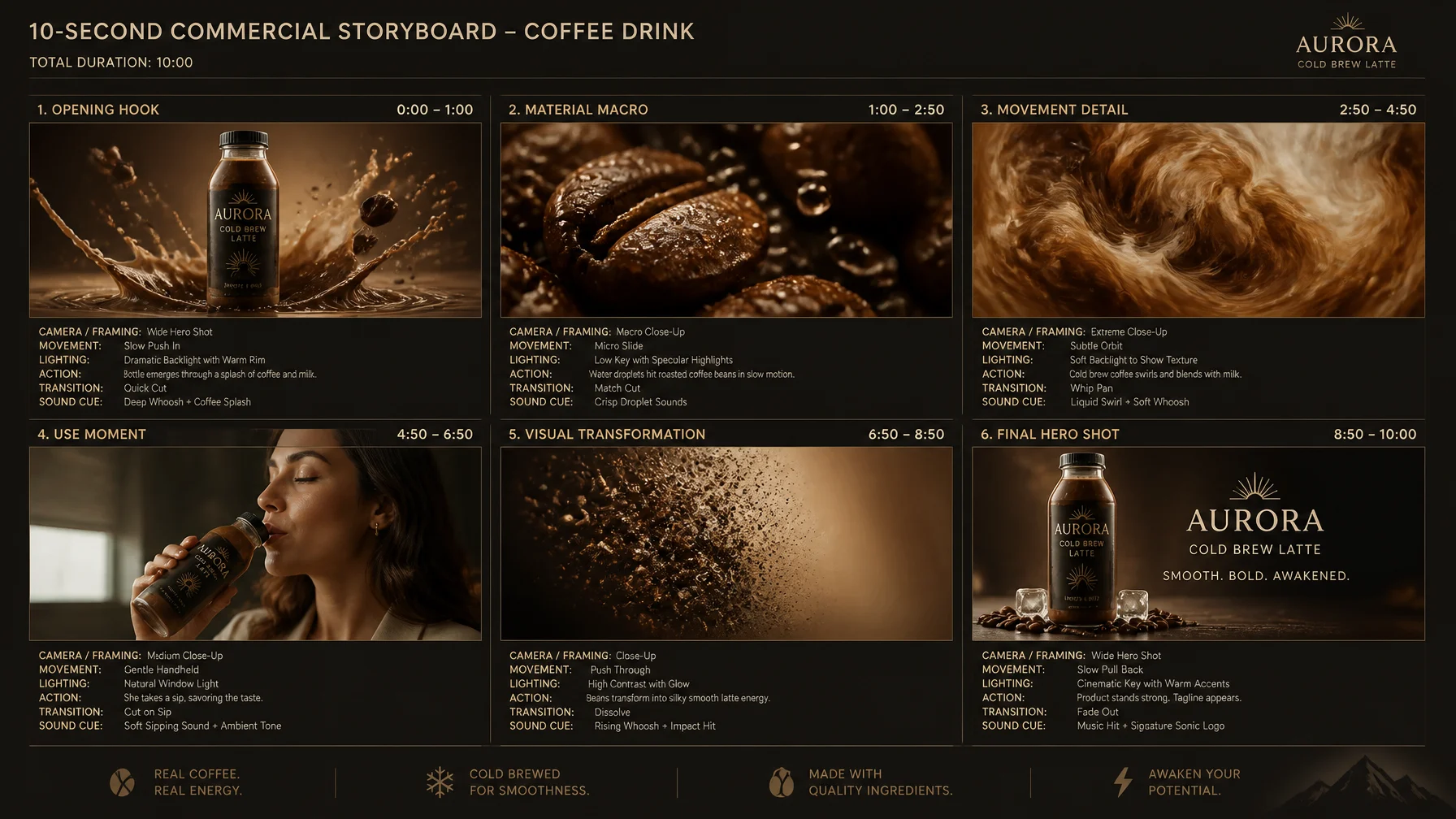 Create a 10-second cinematic product commercial storyboar...