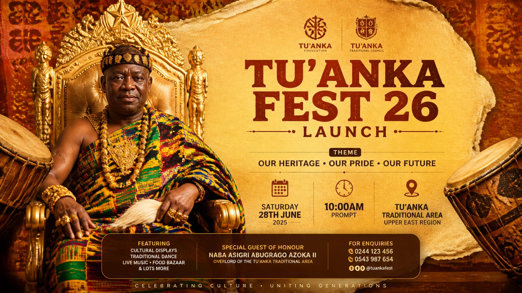 A polished cultural festival launch poster centers a dign...