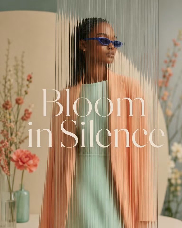 Minimalist fashion advertisement featuring [HUMAN] wearing [CLOTHING], seen through a v...