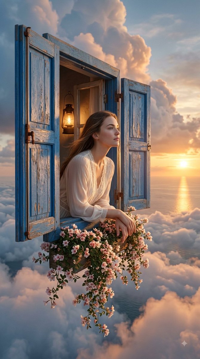 A surreal, dreamlike fantasy portrait of a young woman with long, flowing light brown h...