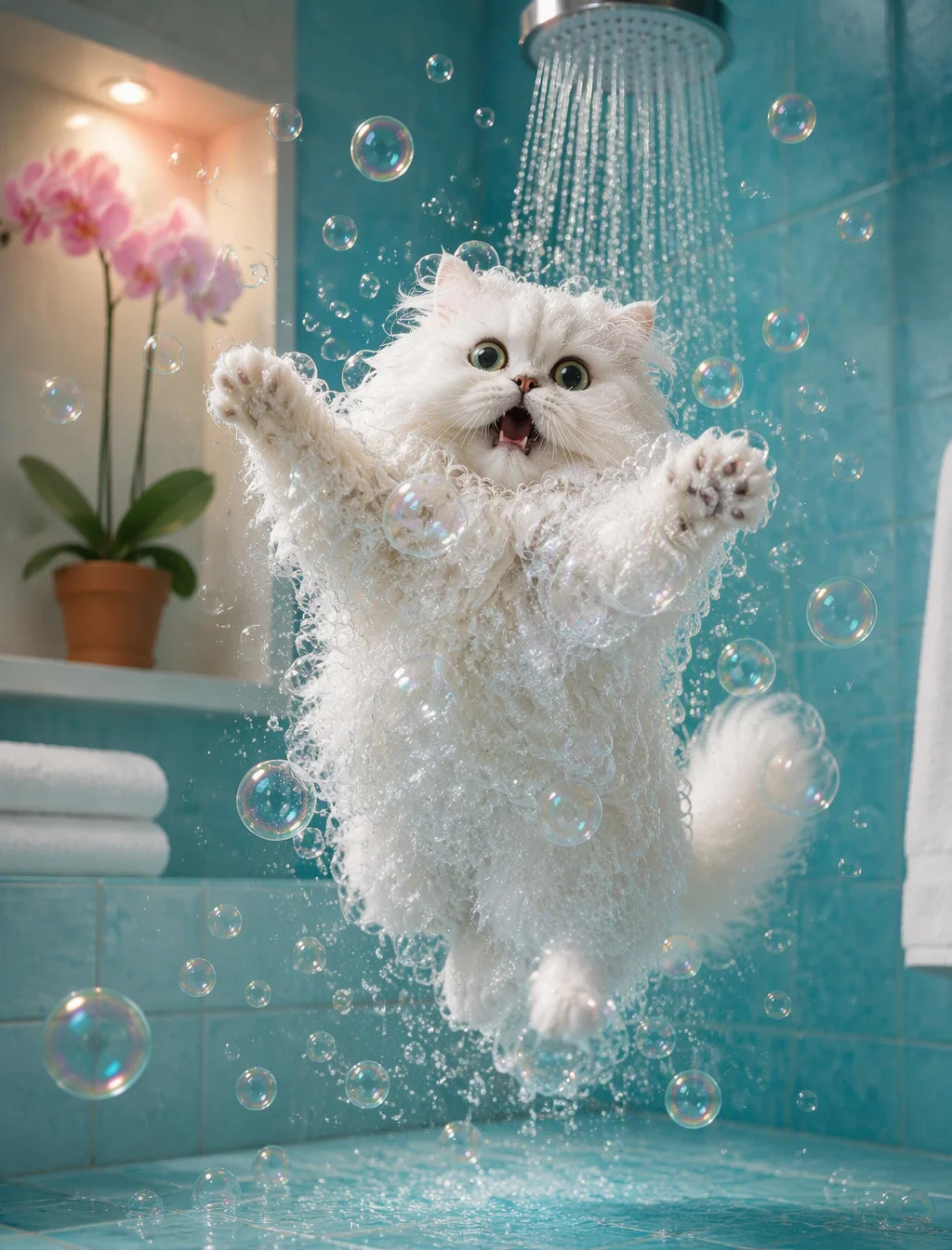 A soft, whimsical photograph captures a fluffy white Pers...
