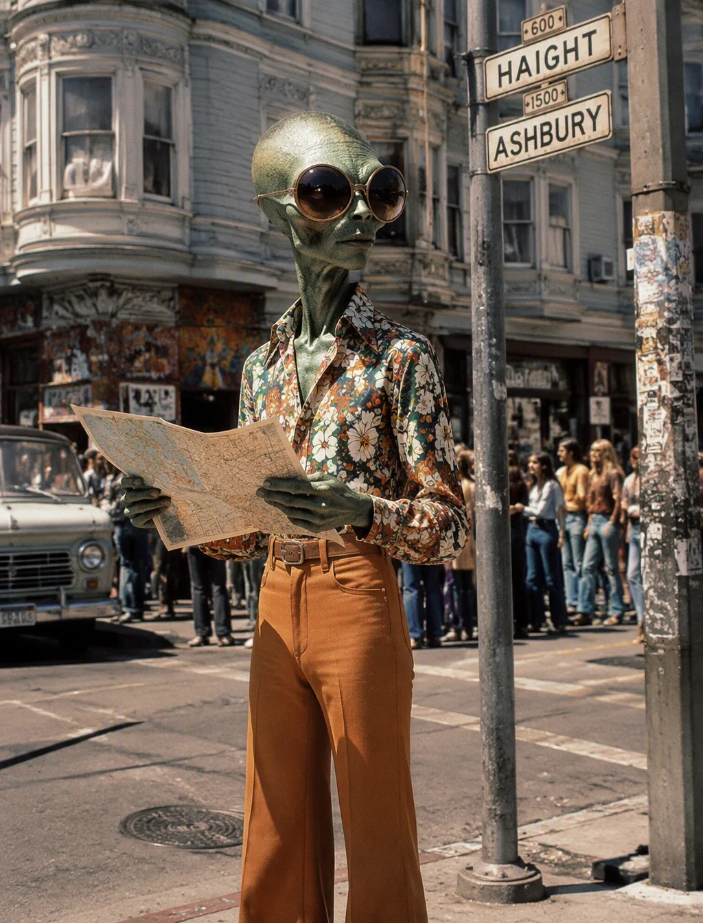 A vintage-style photo of an extraterrestrial tourist in 1...