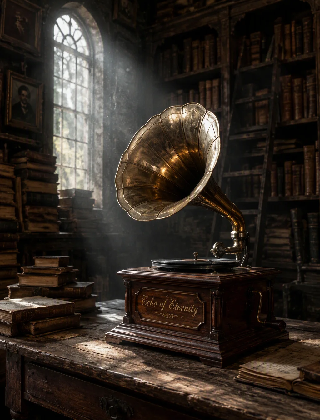 A photograph of a solitary antique gramophone resting on ...