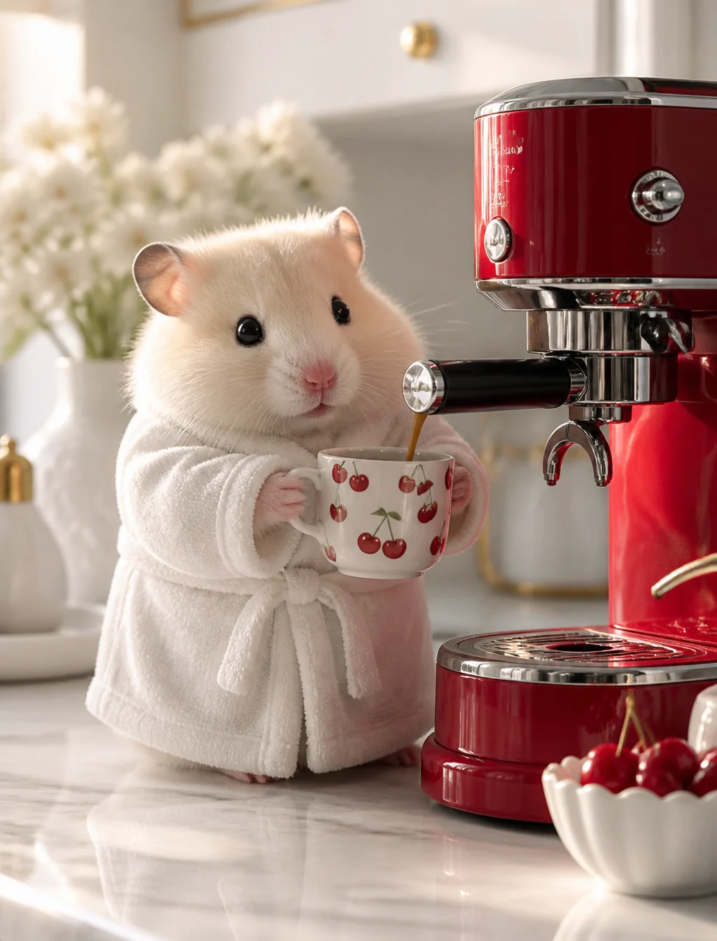 A fluffy, adorable hamster with cream-colored fur and shi...