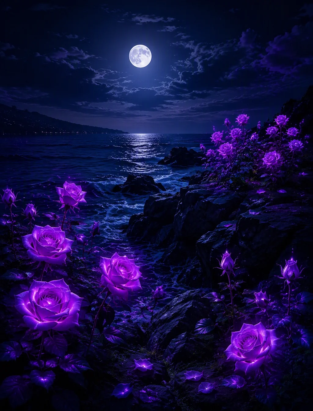 Una imagen de flores dispersas color purple fluorescentes...