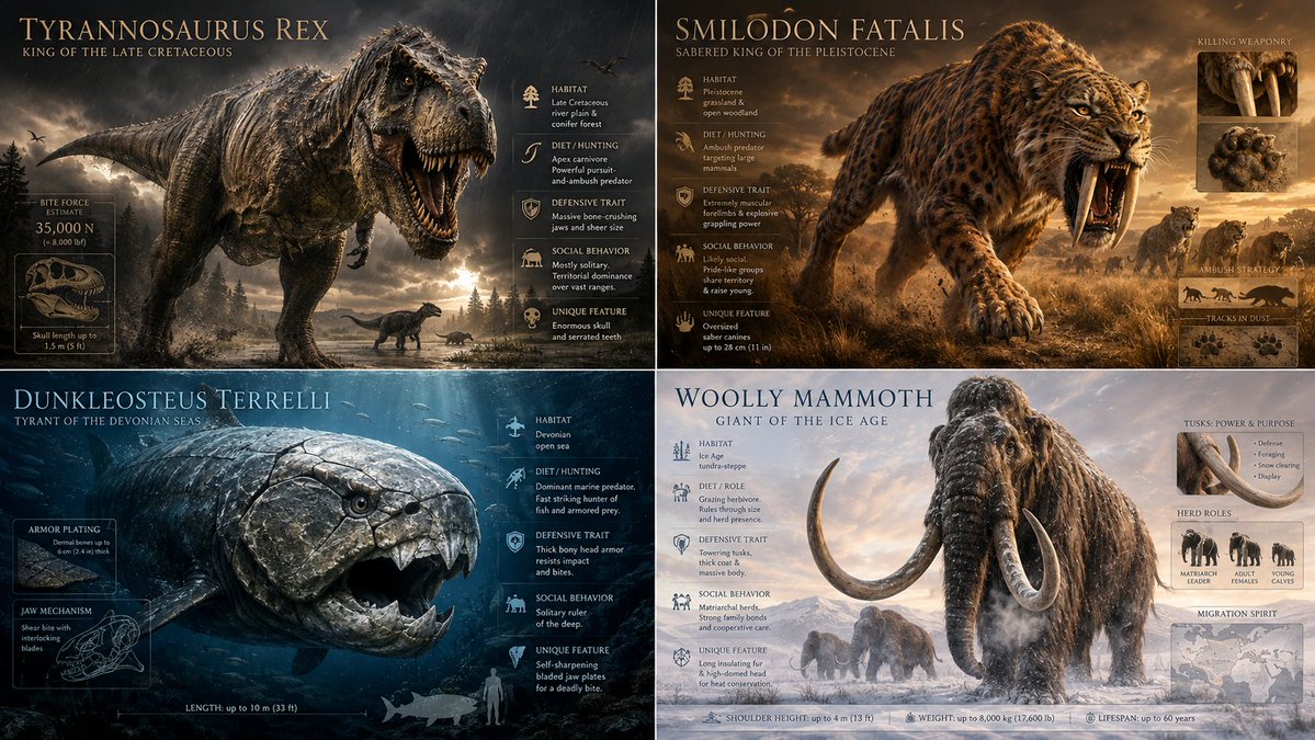 2x2 grid, 16:9, do this for 4 real prehistoric creatures that ruled the world: Create a...