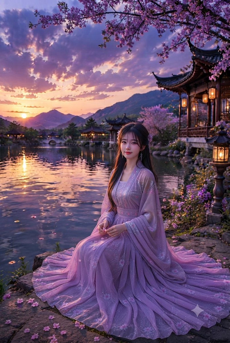 A cinematic, high-detail digital painting of a graceful young Asian woman with long dar...