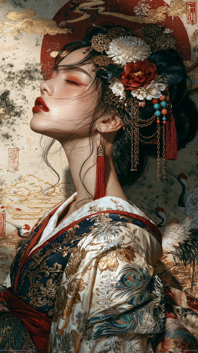 Hyper detailed portrait, beautiful Japanese woman, profile view facing right, head tilt...