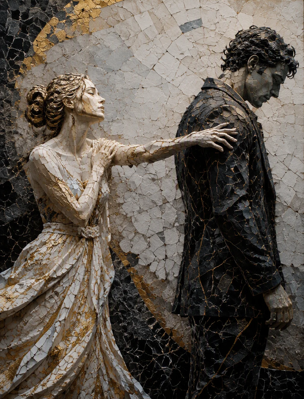 A captivating digital sculpture portrays a poignant scene...